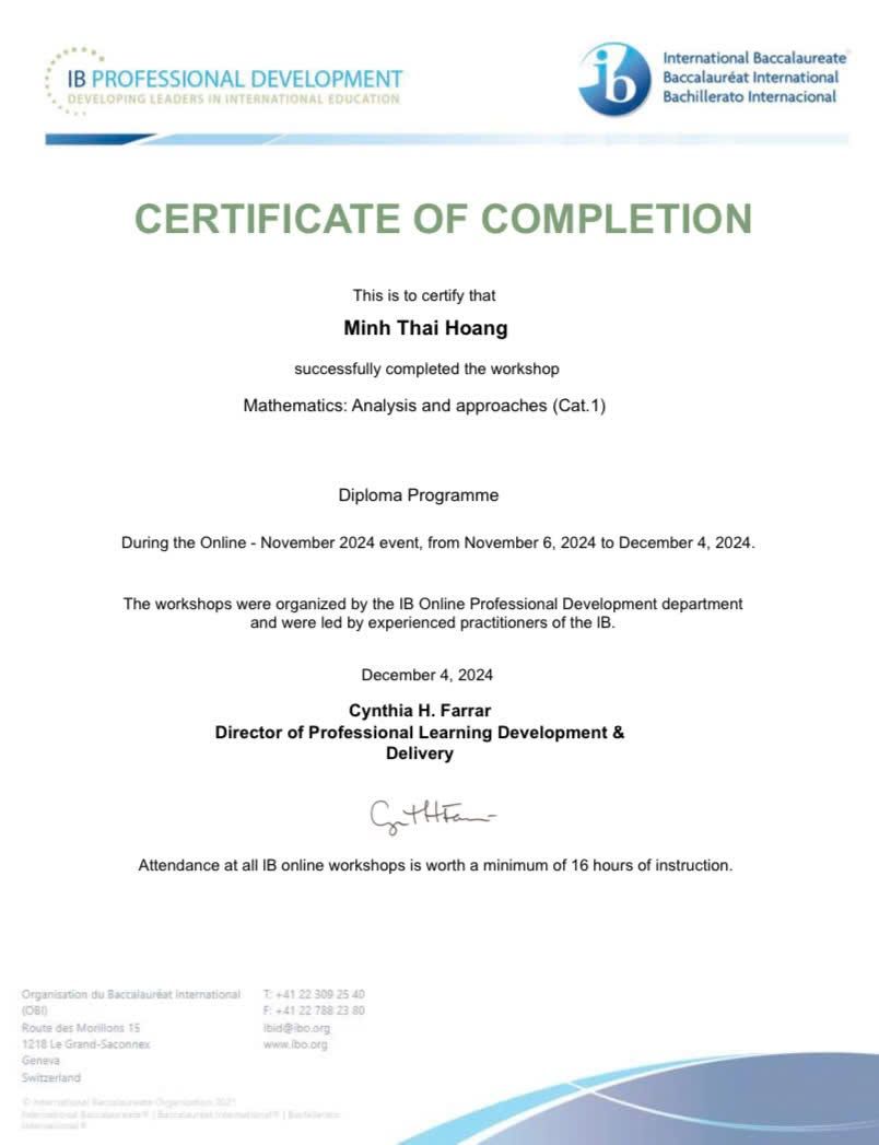 Chứng nhận hoàn thành khóa đào tạo giáo viên IB Mathematics: Analysis and Approaches (Category 1)