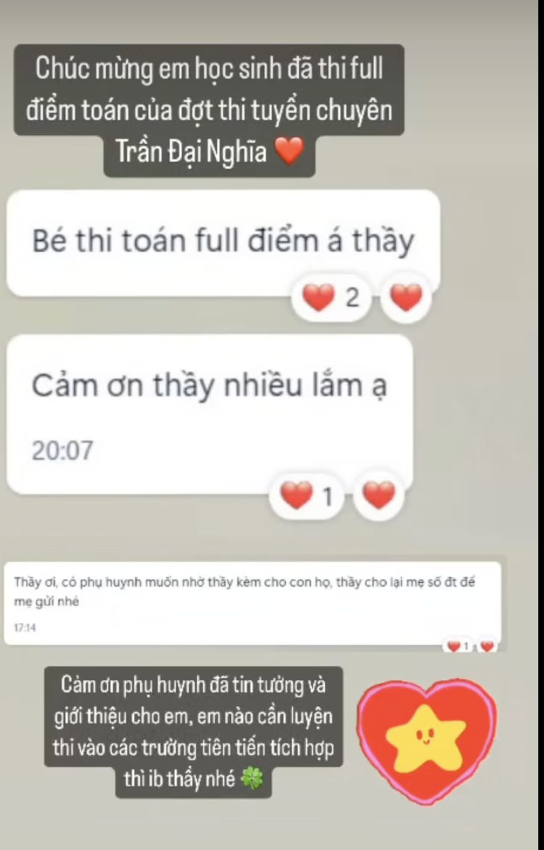 Tin nhắn phụ huynh báo con đạt trọn điểm Toán kỳ thi tuyển vào trường Trần Đại Nghĩa