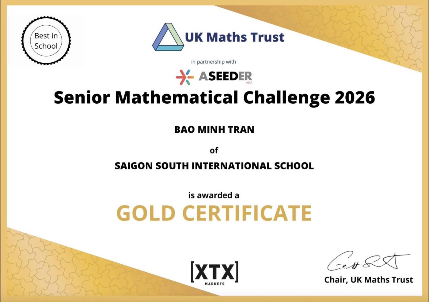 Chứng nhận Gold Certificate và Best in School, UKMT Senior Mathematical Challenge 2026